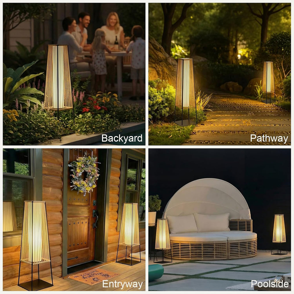 Outdoor Floor Lamp Set of 2, Rattan Solar Lanterns Outdoor Waterproof for Balcony, Deck, Garden & Patio (Natural)