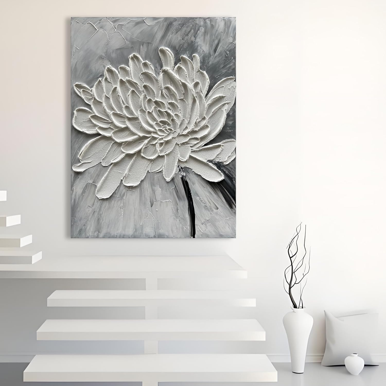 Hand Painted Modern Abstract Oil Painting White Flower Painting 40x28 inch Contemporary Minimalist Art Wall Decoration