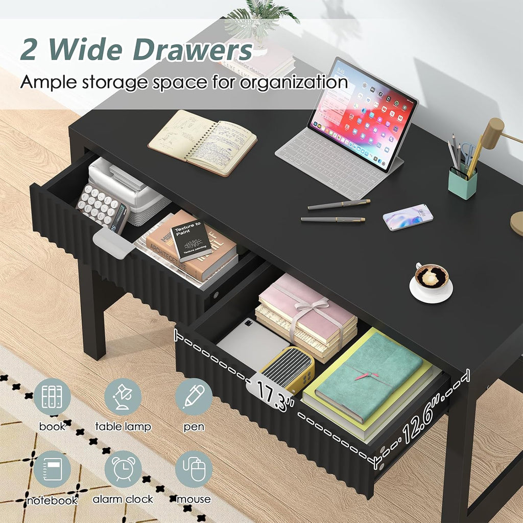 YOMILUVE Fluted Computer Desk with 2 Drawers, 39 Inch Small Computer Desk with Storage, Compact Writing Study Desk for Small Spaces, Black
