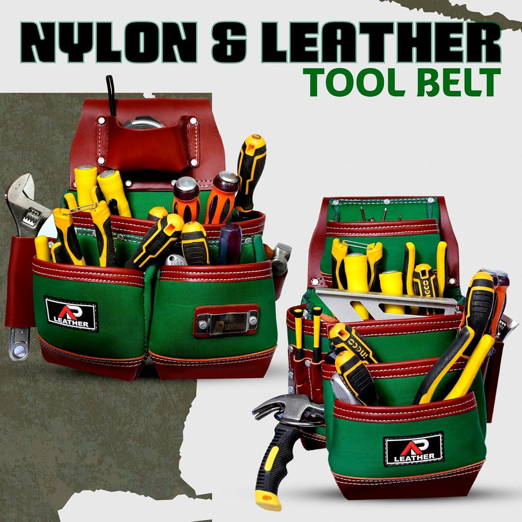 AP-LEATHER Full Grain Leather & Nylon Heavy-Duty Tool Belt Pouch with Suspender & Nylon, 28 Pocket, EVA Foam Padded Comfort, Adjustable 30'-50' Fit (Green)