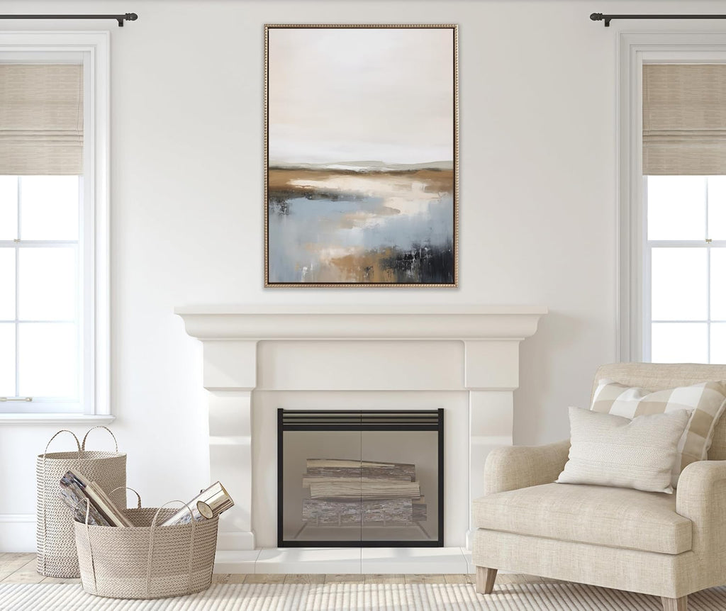 Kate and Laurel Sylvie Beaded Idyllic Retreat Vintage Framed Canvas Wall Art by Amy Lighthall, 18x24 White, Abstract Watercolor Landscape Art for Wall