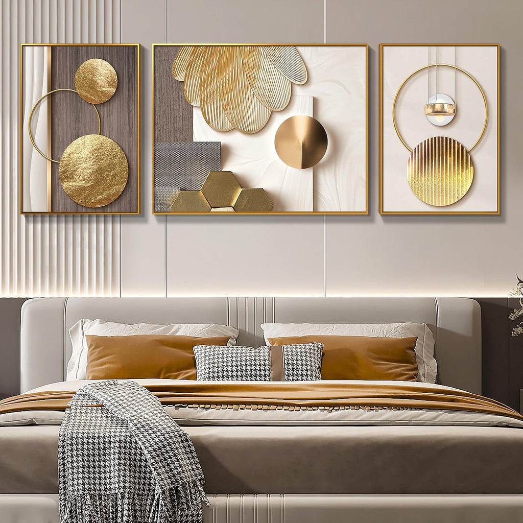 Azartslr Large Framed Modern Rose Gold Wall Art, Luxury 3 Pieces Aluminum Alloy Wall Decor for Living Room, Abstract Gold and Beige Home Bedroom Art Painting, Geometric Crystal Porcelain Artwork Dining Room Pictures Decoration