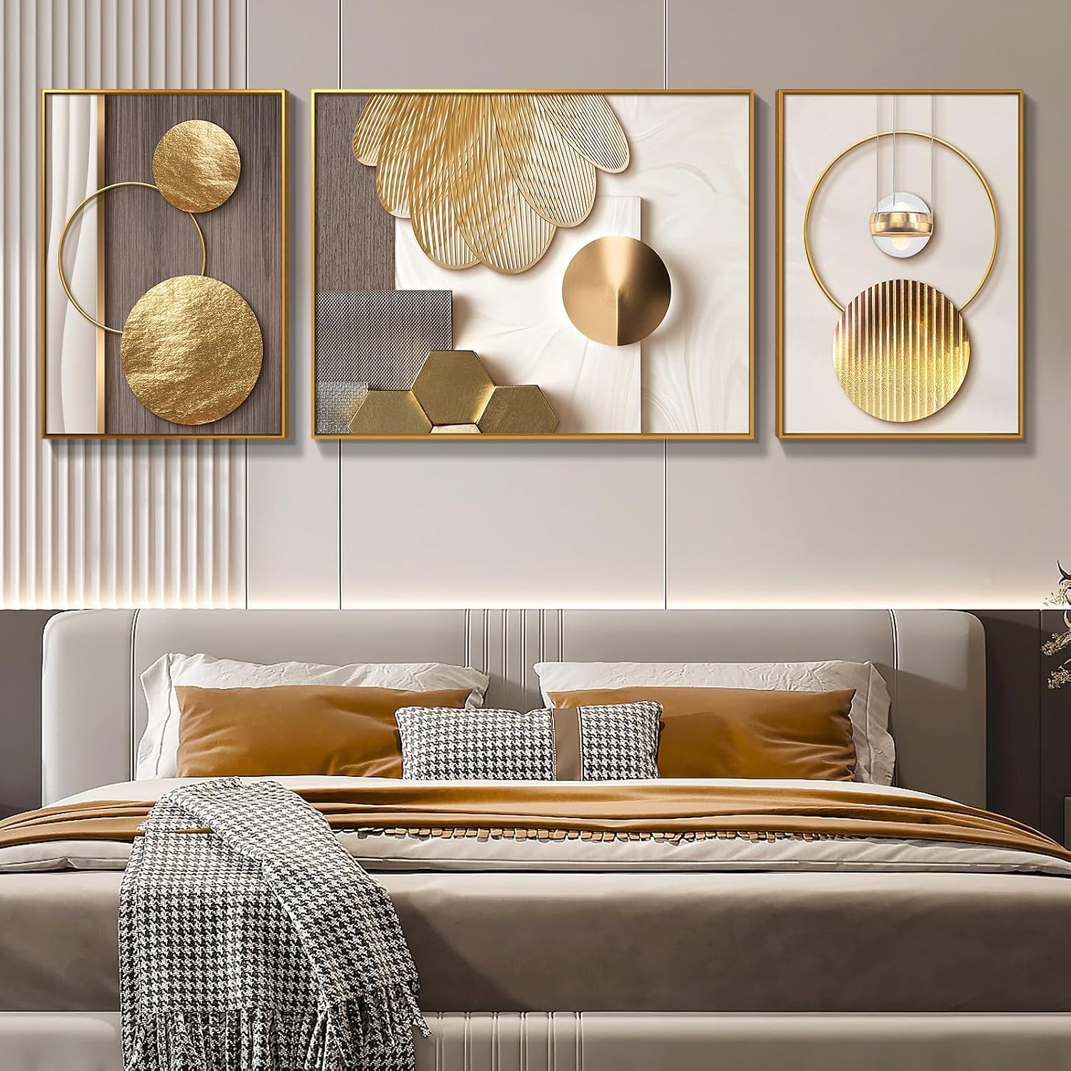 Azartslr Large Framed Modern Rose Gold Wall Art, Luxury 3 Pieces Aluminum Alloy Wall Decor for Living Room, Abstract Gold and Beige Home Bedroom Art Painting, Geometric Crystal Porcelain Artwork Dining Room Pictures Decoration
