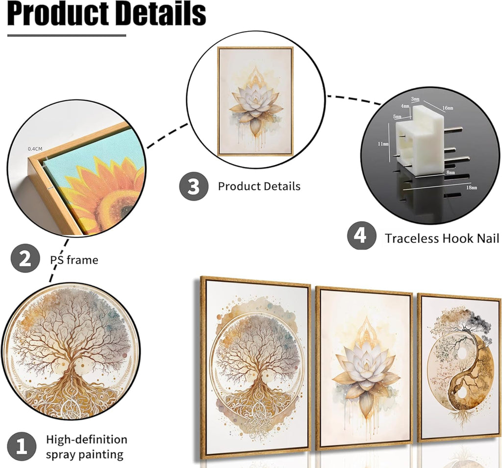 3pcs Framed Tree of Life Canvas Wall Art Gold Lotus Zen Painting Picture Wall Decor Abstract Yin Yang Poster Print Artwork for Living Room Yoga Room Hotel Bedroom Home Decoration Wood Color Framed