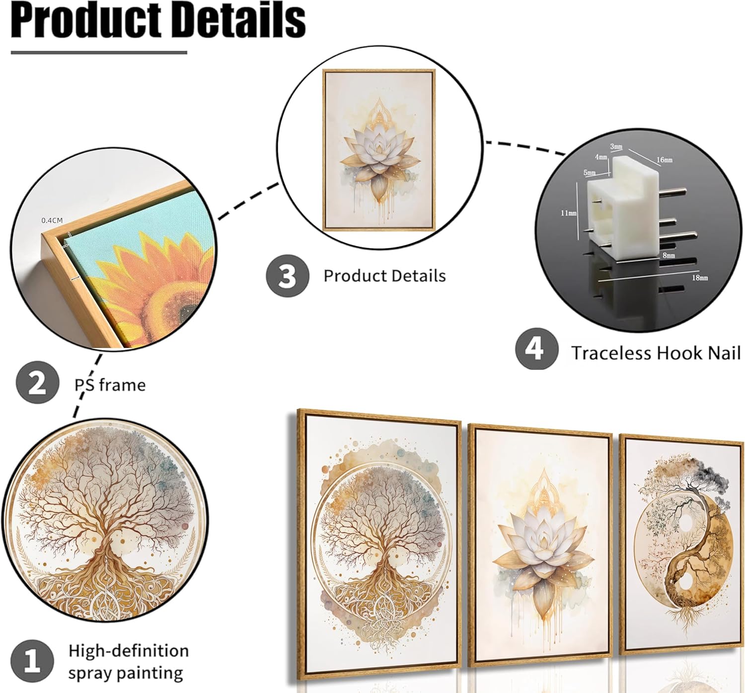 3pcs Framed Tree of Life Canvas Wall Art Gold Lotus Zen Painting Picture Wall Decor Abstract Yin Yang Poster Print Artwork for Living Room Yoga Room Hotel Bedroom Home Decoration Wood Color Framed