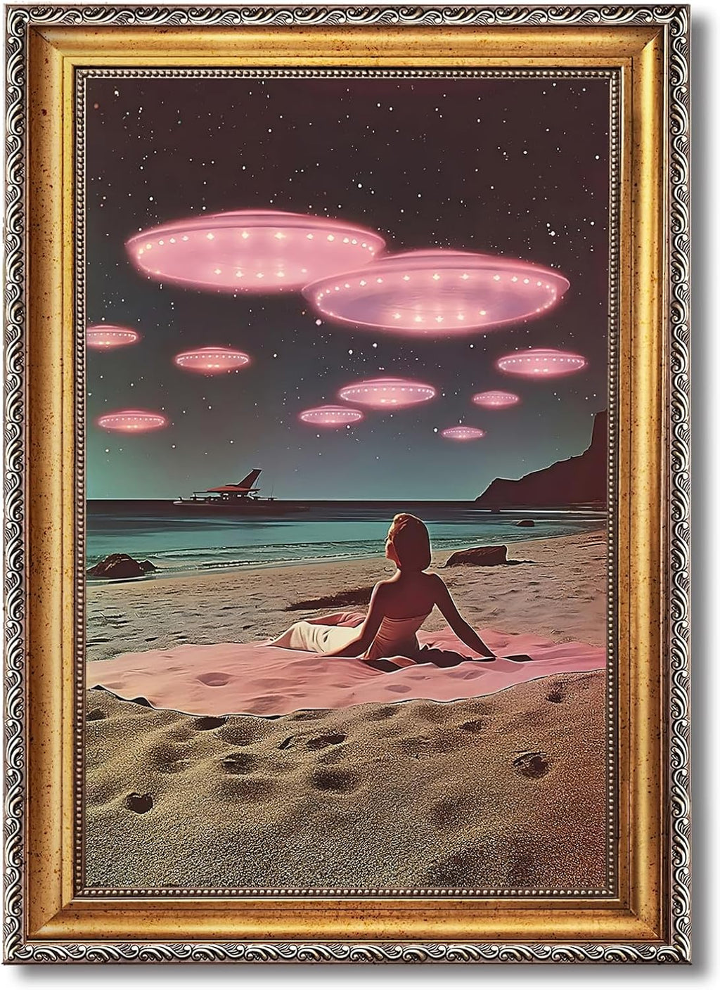 Retro UFO Beach Wall Art Canvas Print Surreal Alien Seaside Encounter Poster Painting Vintage Sci-Fi Artwork Framed Eclectic Trippy Spaceship Picture Wall Decor for Living Room Office Cafe 24x36inch