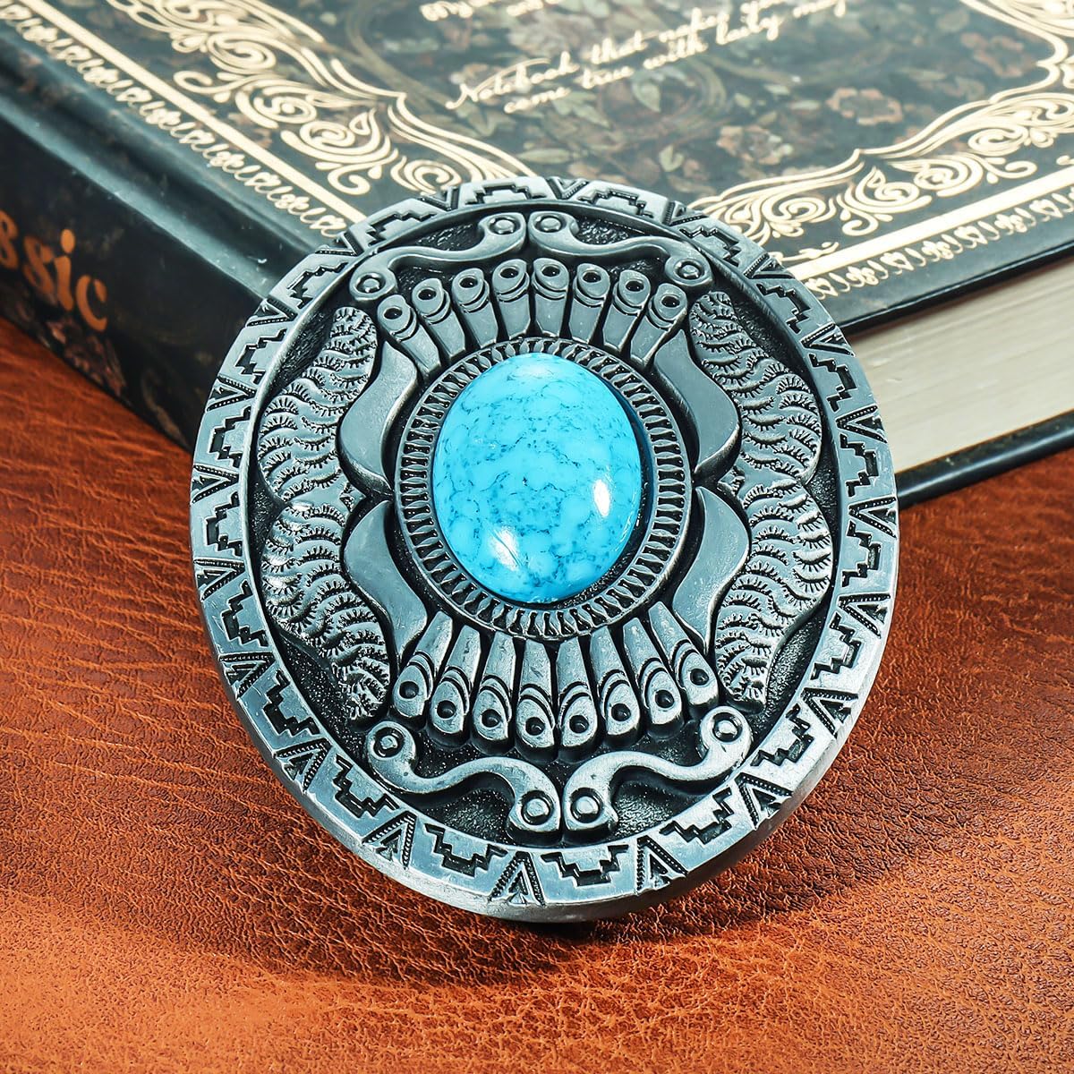 Men's Western Belt Buckle - Vintage Turquoise with Native American & Cowboy Elements