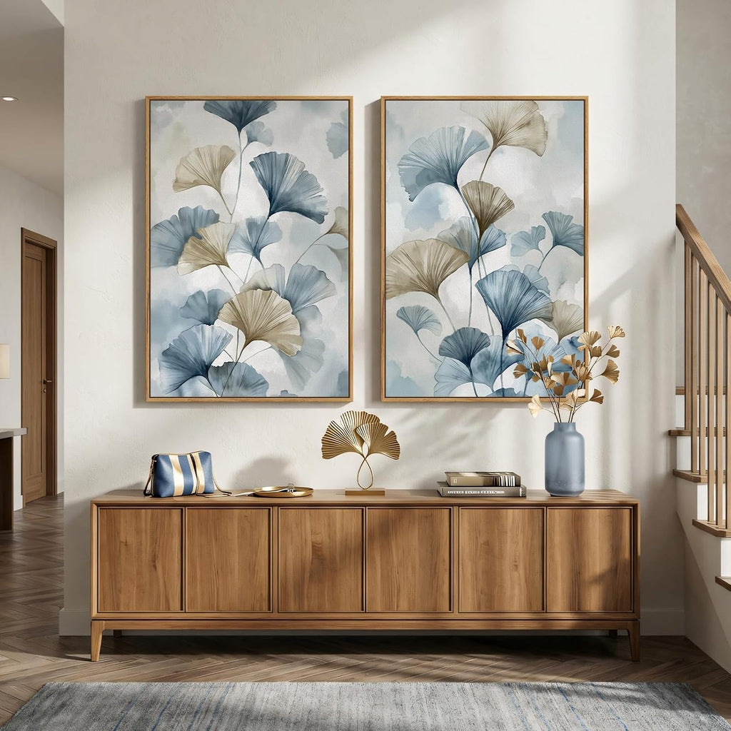 Large Framed Blue Botanical Wall Art Set of 2, Neutral Minimalist Canvas Paintings Prints, Watercolor Pastel Pictures Artwork for Modern Farmhouse Living Room Bedroom Kitchen Wall Decor, 24x36 Inch