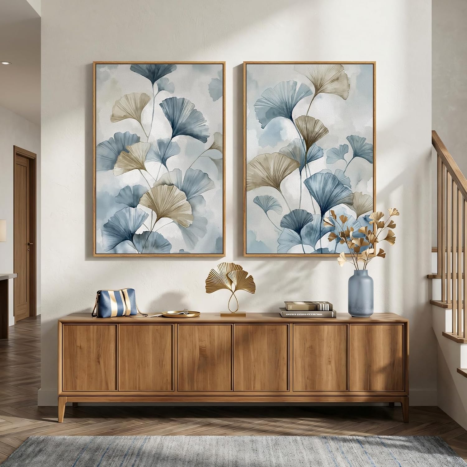 Large Framed Blue Botanical Wall Art Set of 2, Neutral Minimalist Canvas Paintings Prints, Watercolor Pastel Pictures Artwork for Modern Farmhouse Living Room Bedroom Kitchen Wall Decor, 24x36 Inch