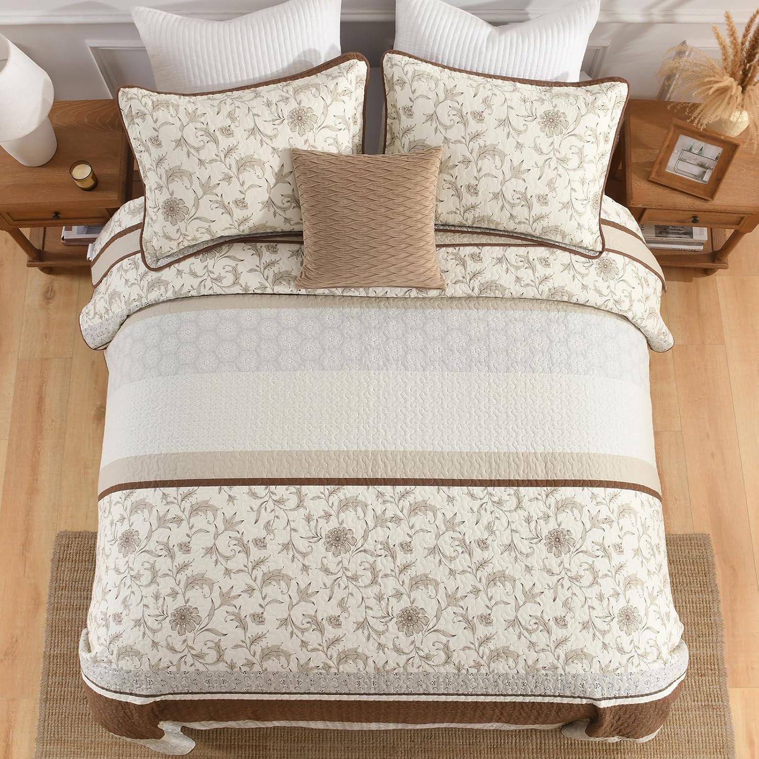 DDUOXIN 100% Cotton King Quilt - Modern Botanical Bed Quilts with 2 Pillow Shams, Floral Print Stripe Bedspread Lightweight Soft Thin Comforter Bedding Set, Brown/Gray/White