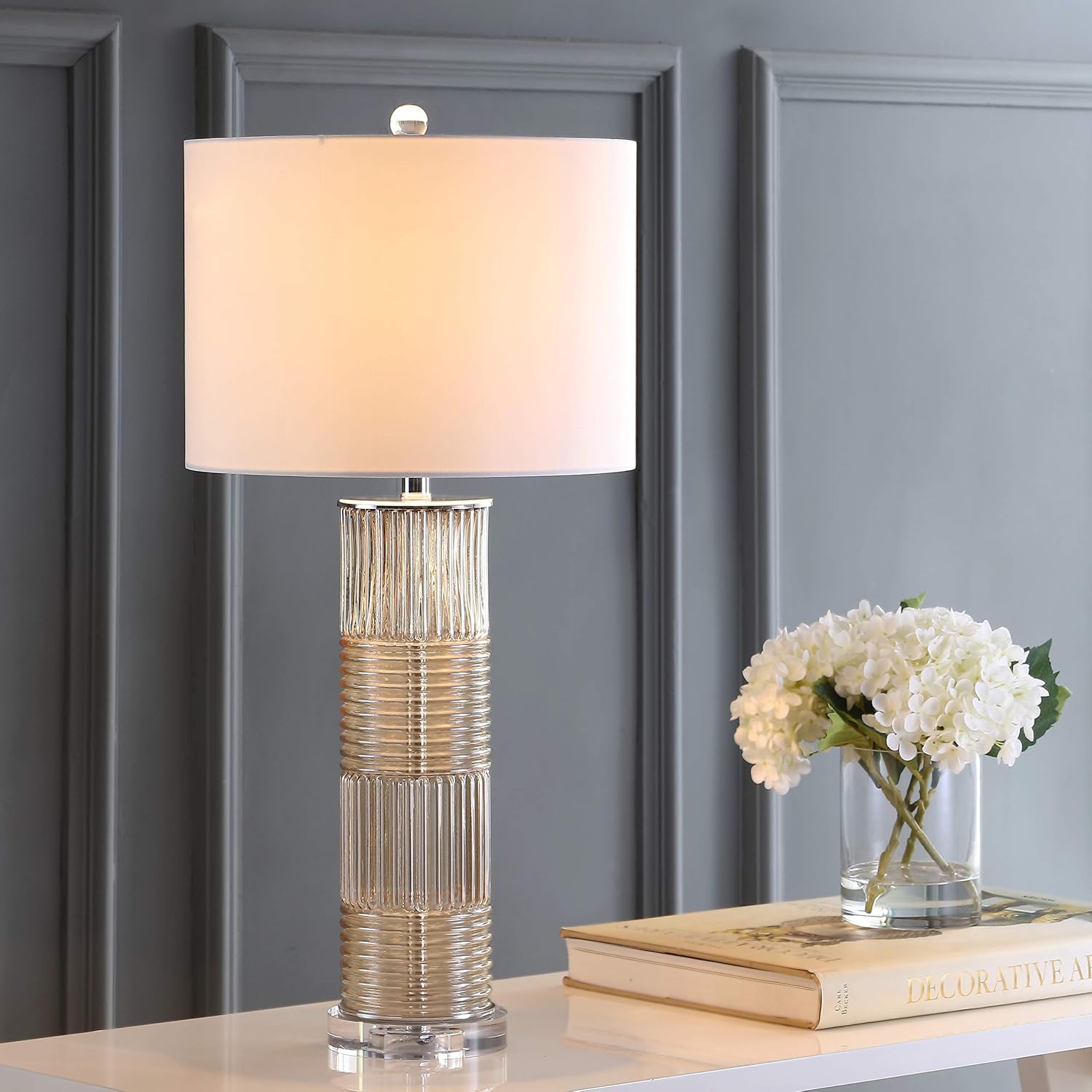 JONATHAN Y 30' Champagne Glass and Crystal Table Lamp, Contemporary Transitional Pillar Lamp for Living Room Bedroom, White Faux Silk Drum Shade, LED Bulb Included JYL2064A