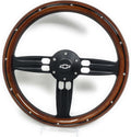 14' Inch Black & Wood with rivets Steering Wheel Bowtie Horn, 6 Hole