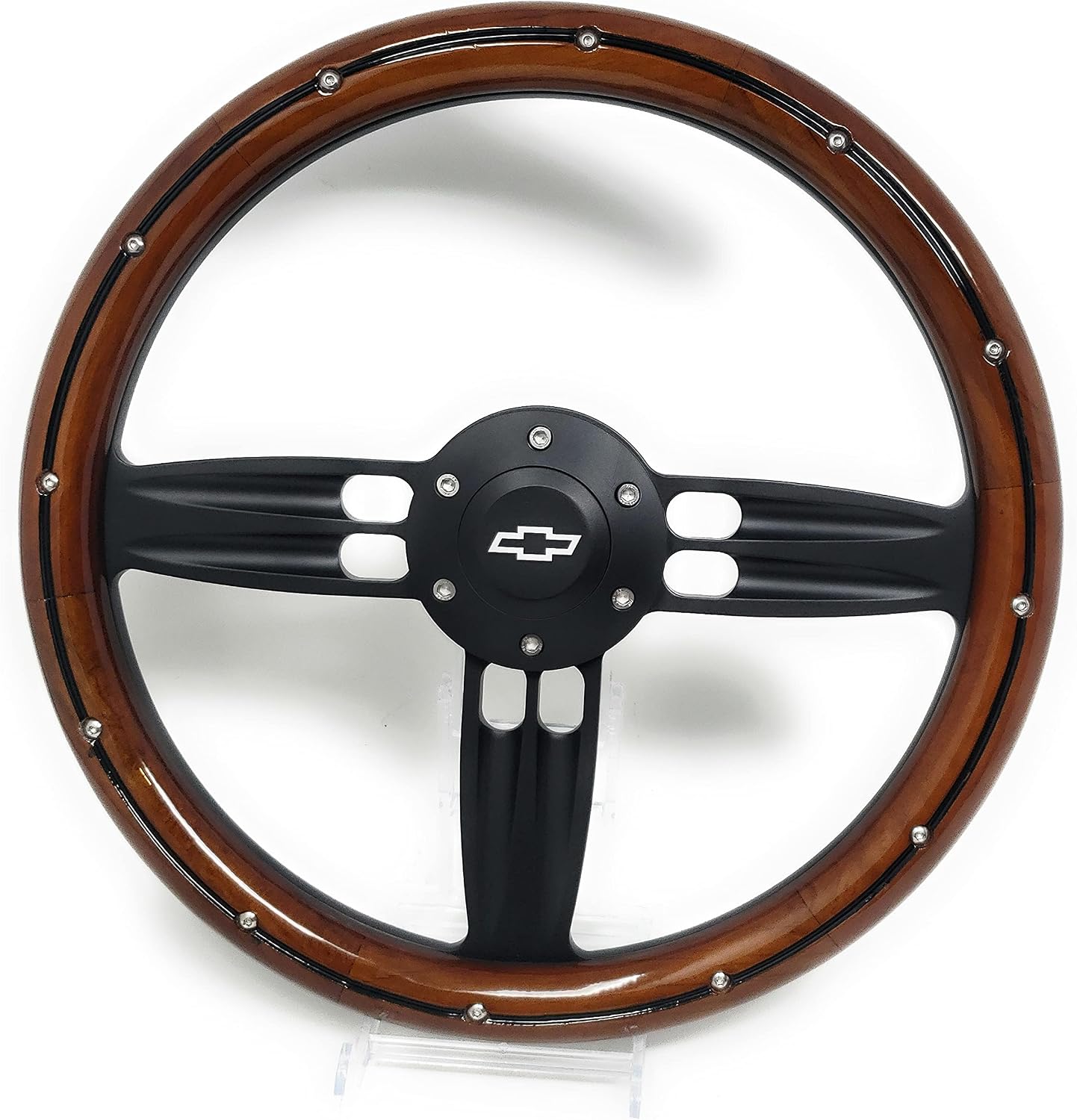 14' Inch Black & Wood with rivets Steering Wheel Bowtie Horn, 6 Hole