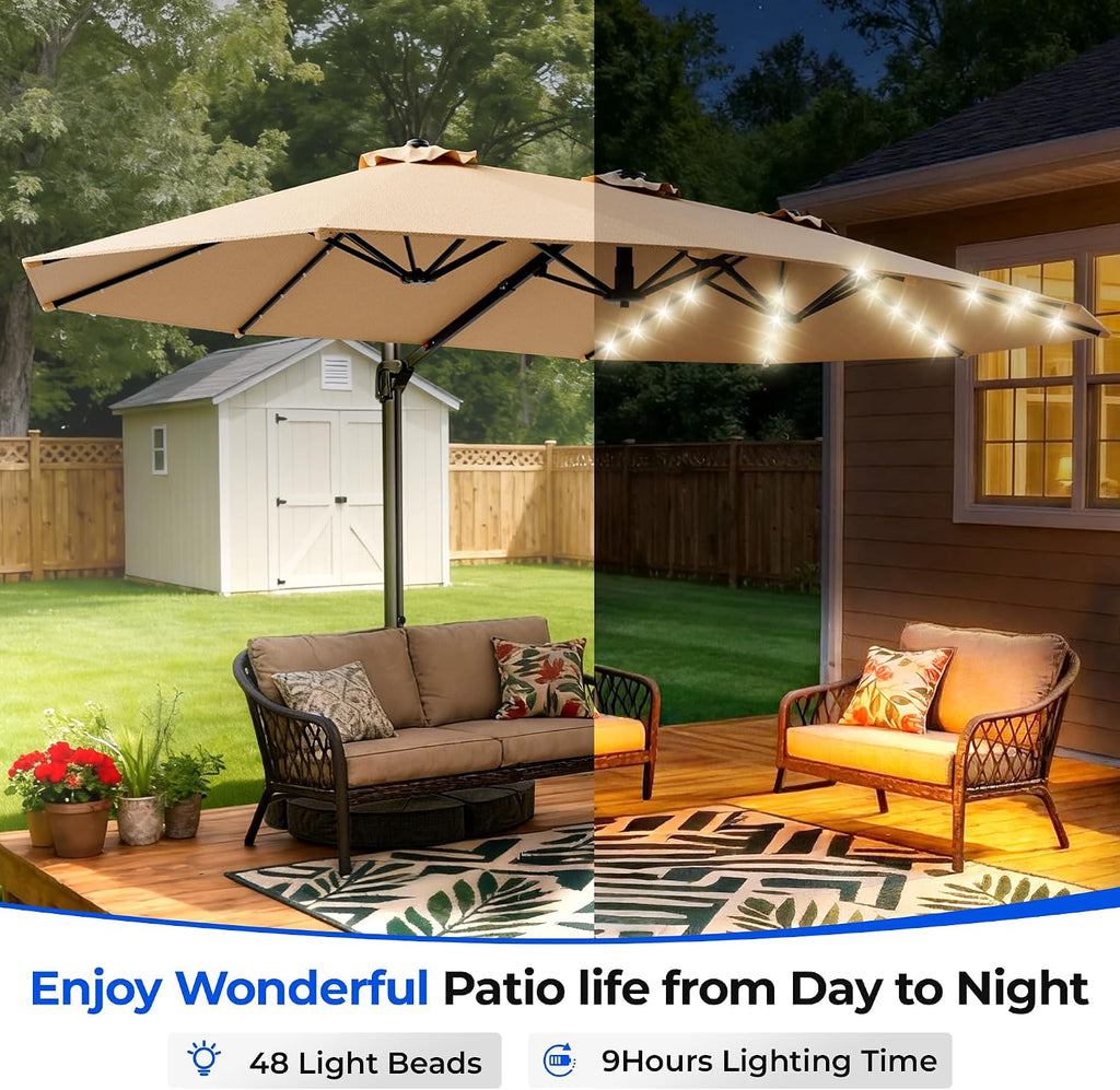 HOMSHADE 15FT Cantilever Double-Sided Umbrella with Solar Light and Base, Rectangle Oversized Offset Patio Umbrellas, Extra Large Outdoor Umbrella for Pool, Deck, Garden (Beige)