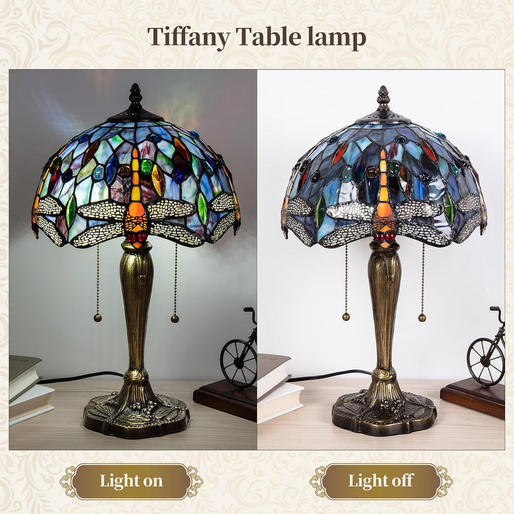 Tiffany Table Lamp, 12 Inch Dragonfly Stained Glass Lamp,Tiffany Style Lamp for Bedroom Living Room Home, Handcrafted Light, Included Bulb