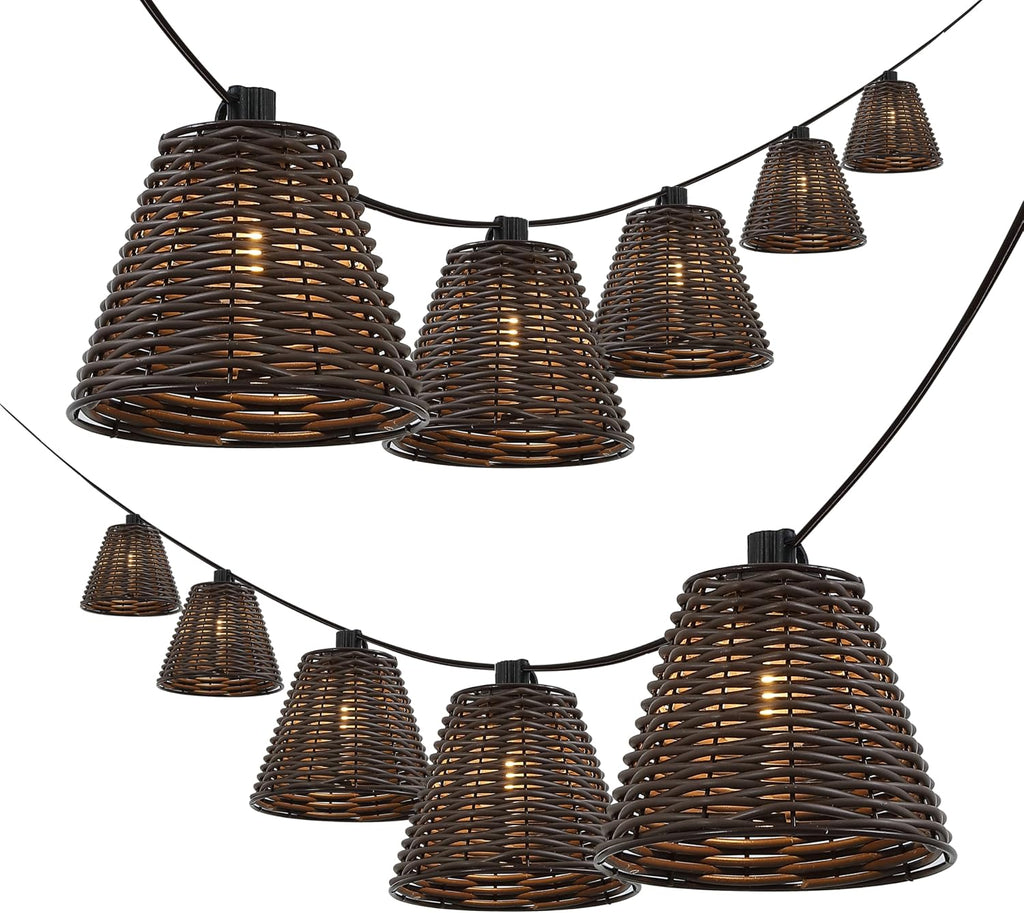 JONATHAN Y 10' Dark Brown 10-Light Indoor/Outdoor LED String Lights for Patio, Classic Cottage Faux-Rattan Shaded Hanging Lights for Balcony, Deck, Coastal Decor (JYL8706C)