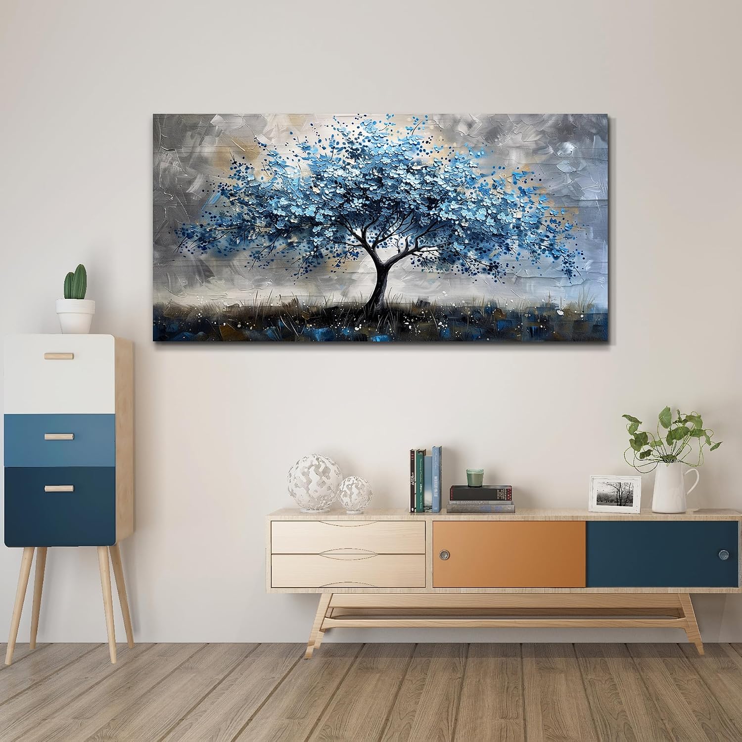 MHARTK66 Farmhouse Wall Art For Bedroom Large Canvas Wall Decor For Living Room Blue Tree Landscape Wall Pictures Artwork Stretched and Framed Canvas Paintings Ready to Hang for Office Home Decor