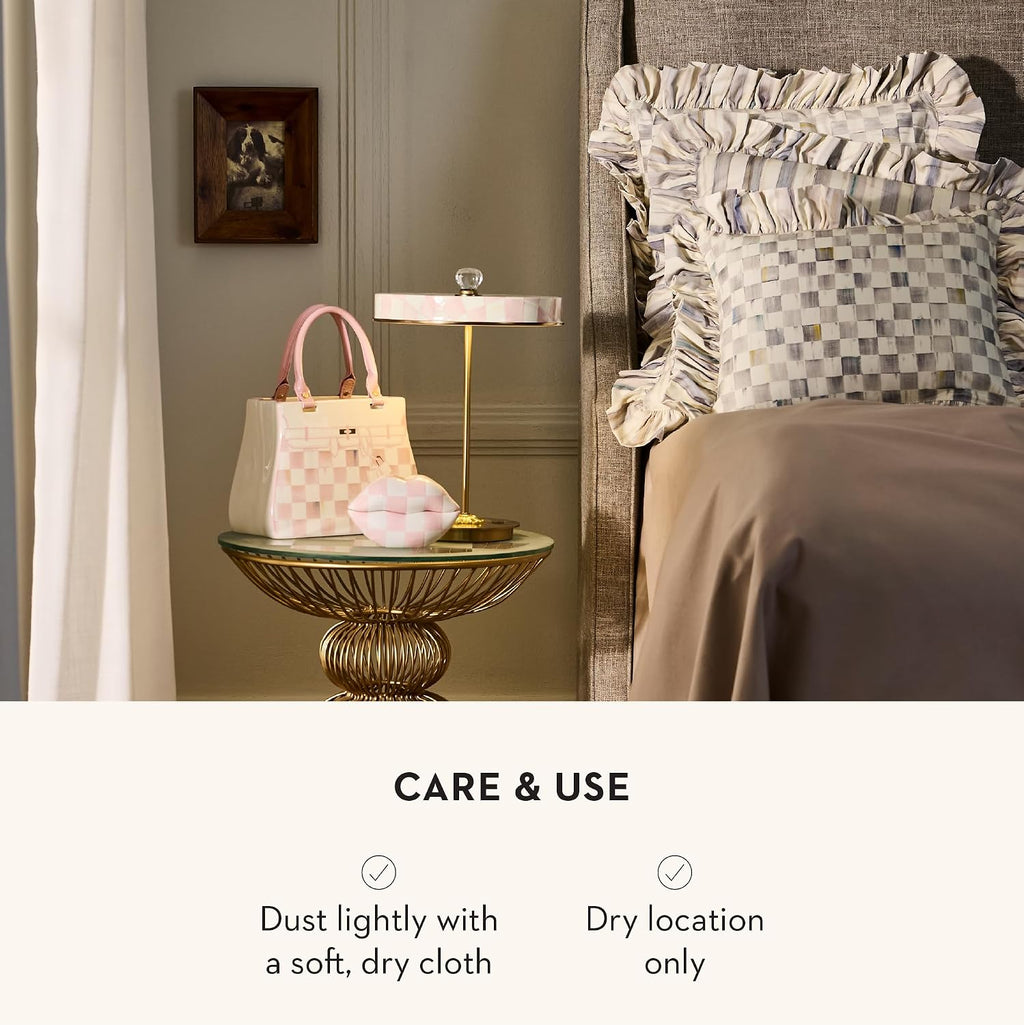 MACKENZIE-CHILDS LED Rechargeable Disk Table Lamp, Cordless Touch Lamp, Pink-and-White Rosy Check