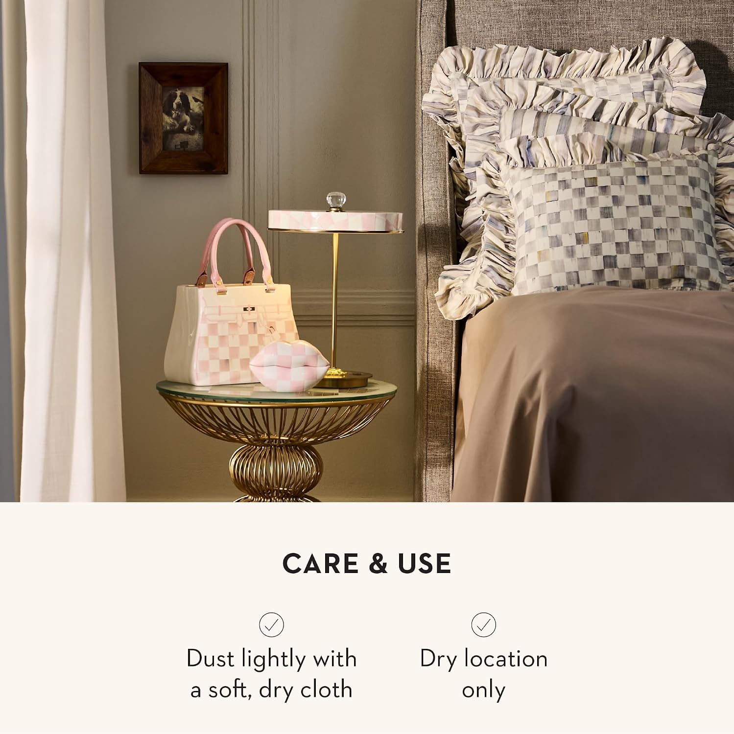 MACKENZIE-CHILDS LED Rechargeable Disk Table Lamp, Cordless Touch Lamp, Pink-and-White Rosy Check