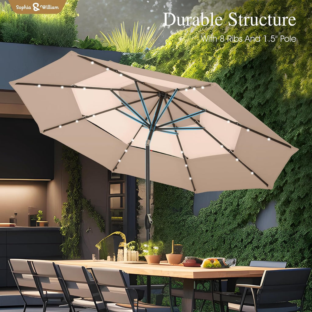 Sophia & William 10ft Patio Umbrellas 3-Tier Umbrella Outdoor Patio Umbrellas with Lights Vented Top 24 LED lights Adjustable Tilt for Pool Garden Backyard, Mixed Beige