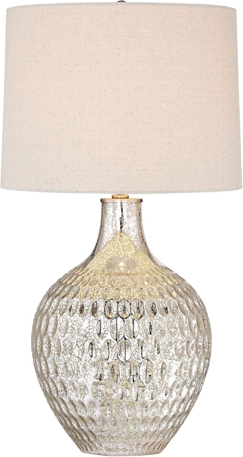360 Lighting Waylon Modern 3-Way Table Lamp 28' Tall with Table Top Dimmer Mercury Glass Dimpled Textured Off White Drum Shade for Bedroom Living Room House Home Bedside Nightstand
