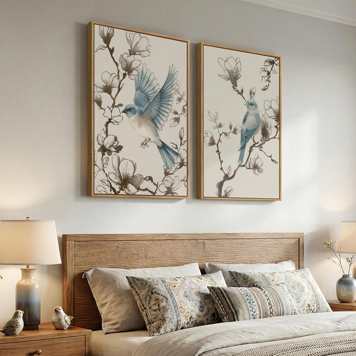 Framed Vintage Botanical Bird Wall Art, 2 Piece Neutral Minimalist Floral Canvas Painting Prints, Nature Beige Chinoiserie Asian Flower Artwork for Living Room Bedroom Kitchen Dining Room Wall Decor