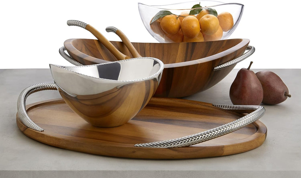 Nambé Pulse Salad Bowl with Servers, Magnetic Wood Base for Easy Cleanup, 12' x 13' Stainless Steel Bowl with 11.5' Servers, Modern Serveware for Kitchen, Dining & Parties