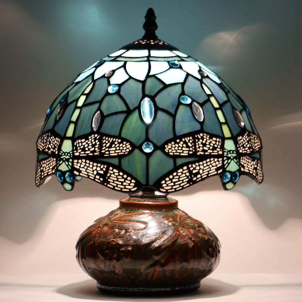 Small Tiffany Table Lamp Mini Mushroom Stained Glass Lamp Memory Sympathy lamp 10X11 Inch (Sea Blue Dragonfly)