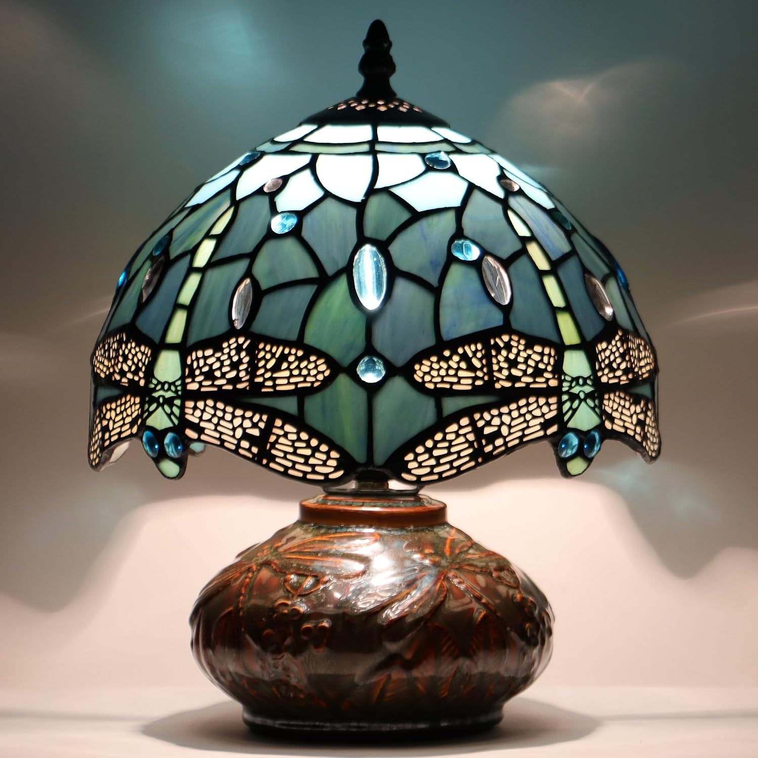 Small Tiffany Table Lamp Mini Mushroom Stained Glass Lamp Memory Sympathy lamp 10X11 Inch (Sea Blue Dragonfly)