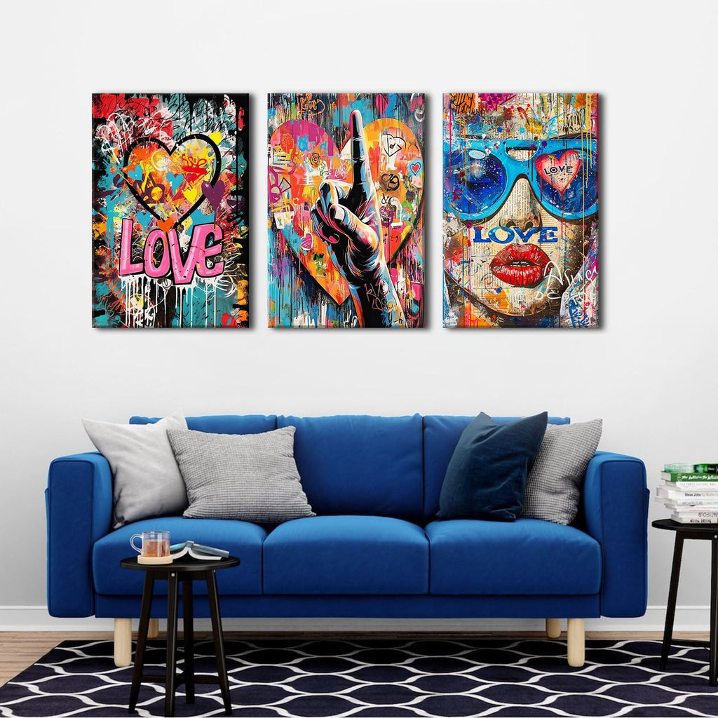 Banksy Art Wall Decor Cool Street Graffiti Canvas Wall Art Abstract Artist Love Gesture Posters Print Artwork Colorful Giclee Framed Artwork for Mens Bedroom Trendy Player Home Decoration 24x36 3 Pcs