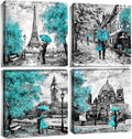 Teal Eiffel Tower Wall Decor Paris Theme Wall Art for Bedroom Black and White Berlin Street Canvas Prints London Big Ben Paintings Pictures Modern Romantic Artwork Home Decorations 24x24' 4Pcs/Sets