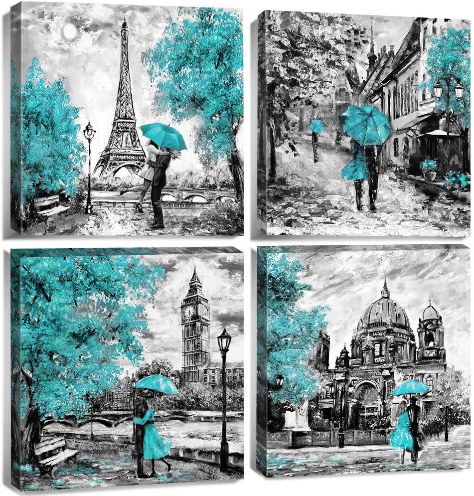 Teal Eiffel Tower Wall Decor Paris Theme Wall Art for Bedroom Black and White Berlin Street Canvas Prints London Big Ben Paintings Pictures Modern Romantic Artwork Home Decorations 24x24' 4Pcs/Sets