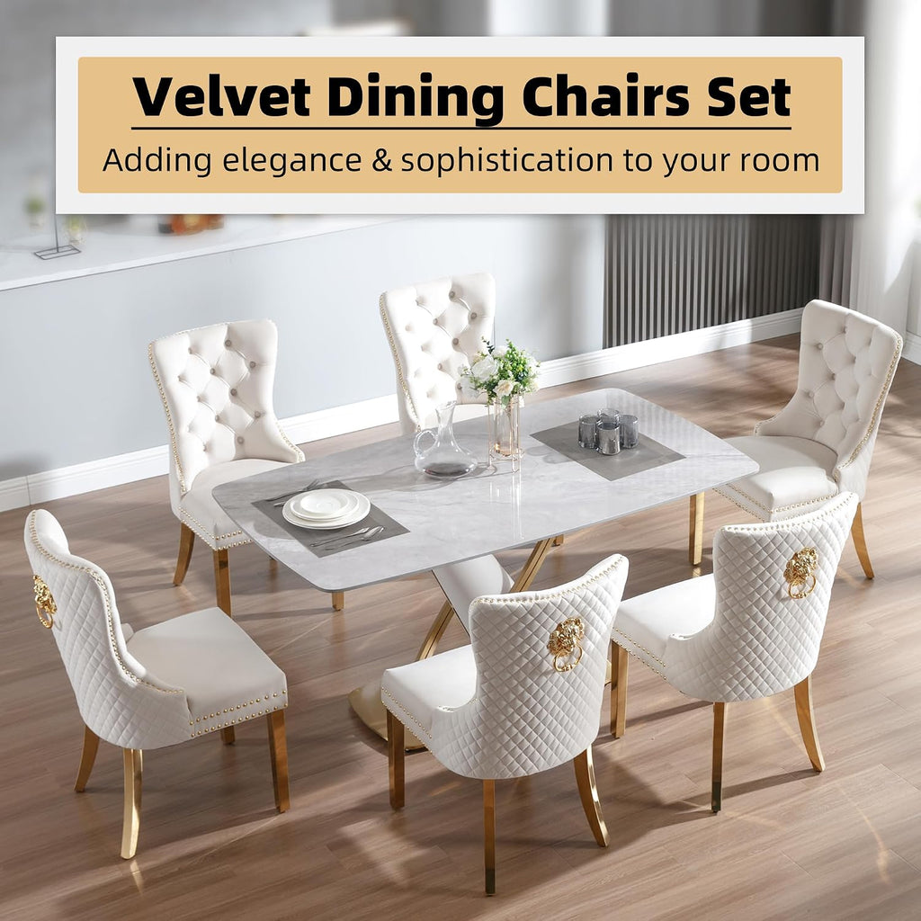 Velvet Dining Chairs Set of 6, Upholstered Dining Room Chairs, Mid-Century Modern Chairs with Diamond Lattice Tufted Back, Lion Pull Ring Rivet Trim, Golden Metal Legs for Kitchen, Beige