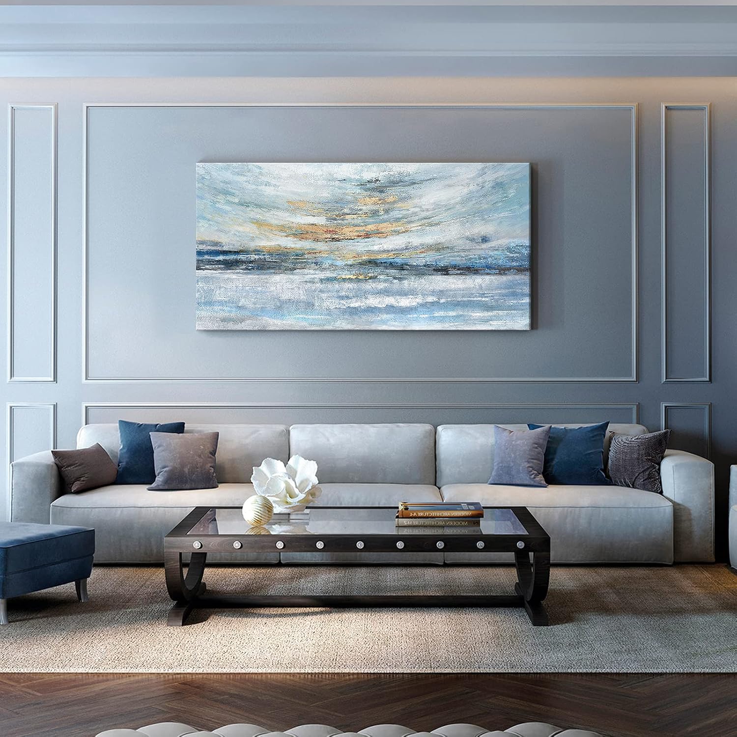 Extra Large Framed Wall Art for Living Room Light Blue Huge Canvas Print Modern Ocean Skyline and Sunset Wall Picture Coastal Themed Seaside Sea Artwork for Home Bedroom Décor 58x29inch Décor