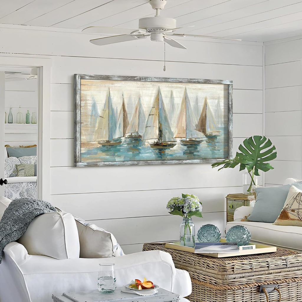 Ocean Pictures Wall Art Framed: Beach Seaside Artwork Coastal Sailboat Art on Wooden Seascape Painting for Living Room(60x30)