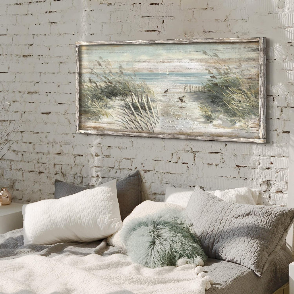 Beach Framed Wooden Wall Art: Coastal Reed Sandpiper Painting Ocean Nautical Perching Bird Picture Seascape Grass Seabirds Artwork Decor for Living Room Bedroom