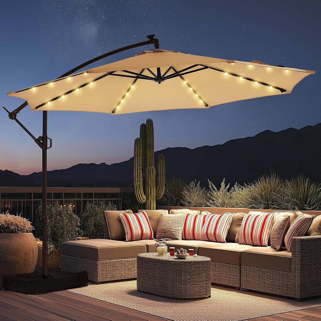 HOMSHADE 10ft Solar Lights Offset Cantilever Patio Umbrella - with Light and Base, LED Lighted Offset Hanging Patio Outdoor Market Umbrella UPF50+ UV Protection with Easy Tilt and Crank (Beige)