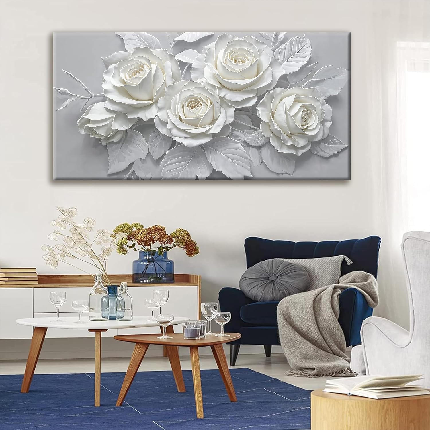 Suconvng Large Wall Art For Living Room Floral Canvas Art Wall Decorations White Flower Aesthetic Wall Decor Painting Picture For Bedroom Kitchen Office Home Wall Decor Artwork 29 X 58 Inch