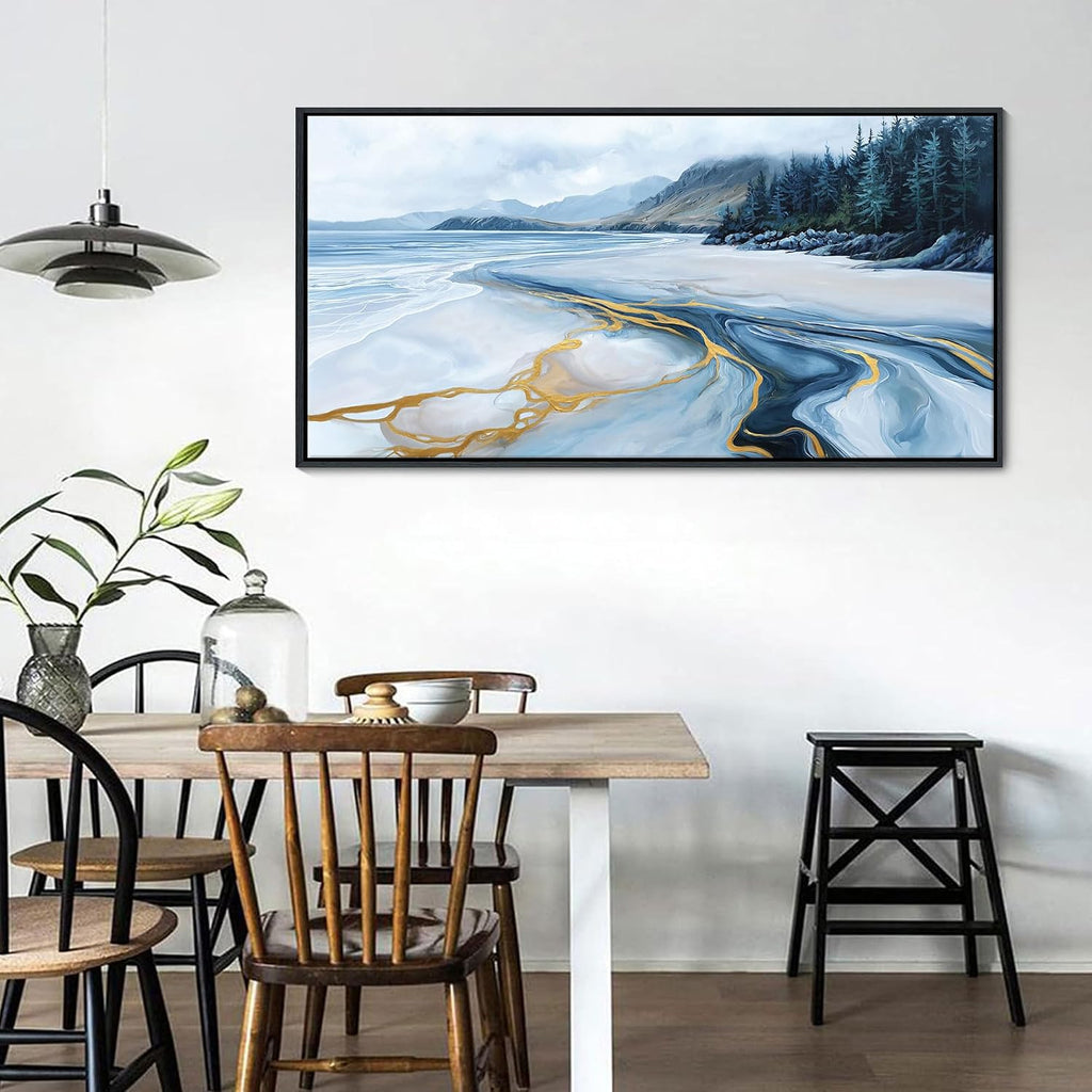 Blue and Gold Abstract Wall Art - Ocean Beach Pictures for Living Room Coastal Bedroom Paintings for Wall Decor Framed Landscape Artwork for Walls large Modern Decoration 24×48IN