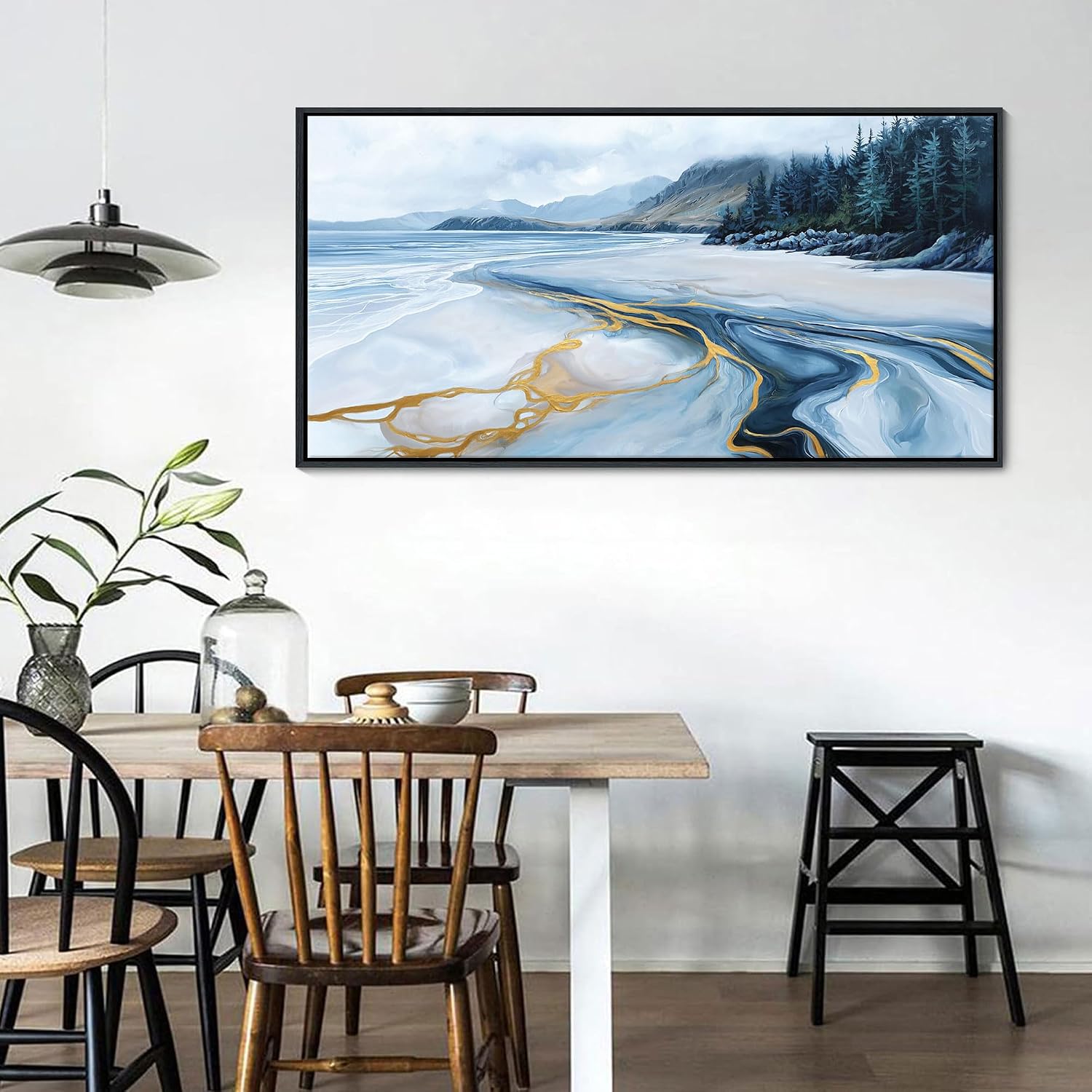 Blue and Gold Abstract Wall Art - Ocean Beach Pictures for Living Room Coastal Bedroom Paintings for Wall Decor Framed Landscape Artwork for Walls large Modern Decoration 24×48IN