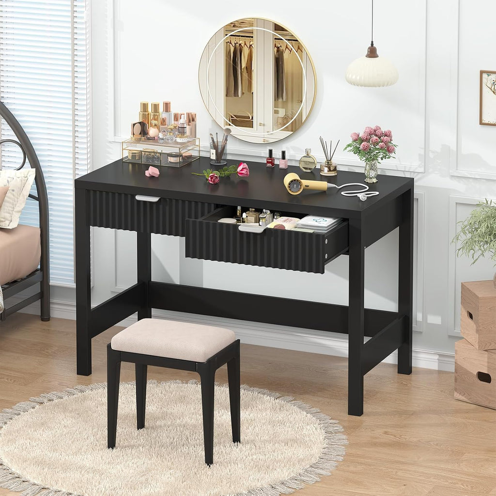 YOMILUVE Fluted Computer Desk with 2 Drawers, 39 Inch Small Computer Desk with Storage, Compact Writing Study Desk for Small Spaces, Black