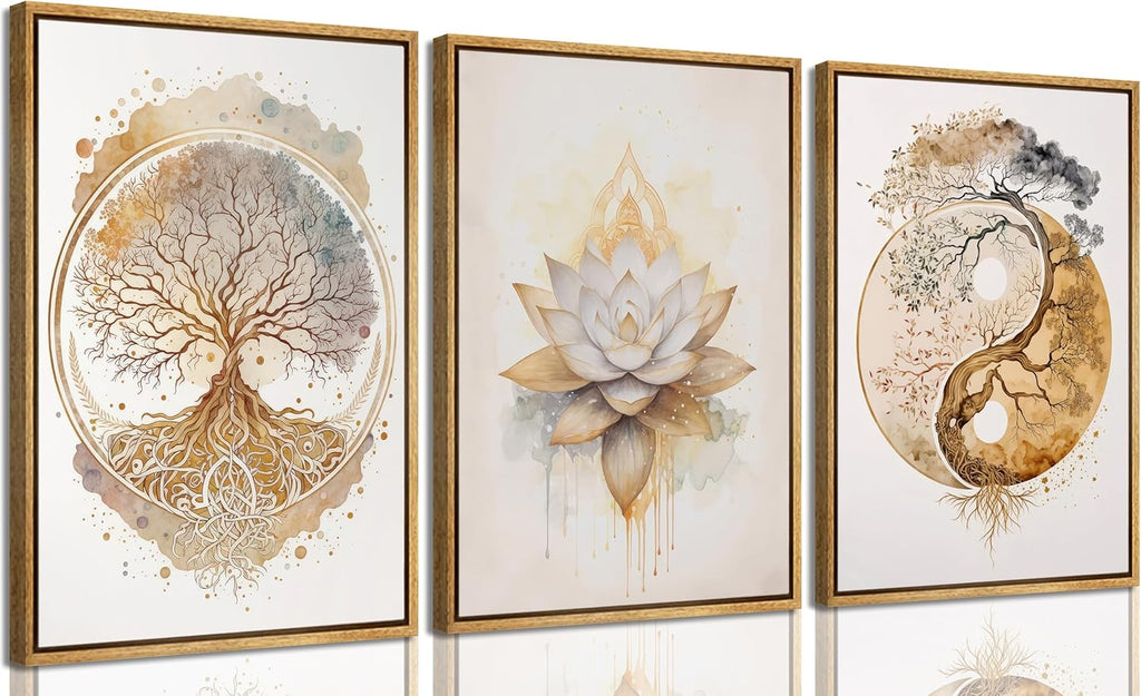 3pcs Framed Tree of Life Canvas Wall Art Gold Lotus Zen Painting Picture Wall Decor Abstract Yin Yang Poster Print Artwork for Living Room Yoga Room Hotel Bedroom Home Decoration Wood Color Framed
