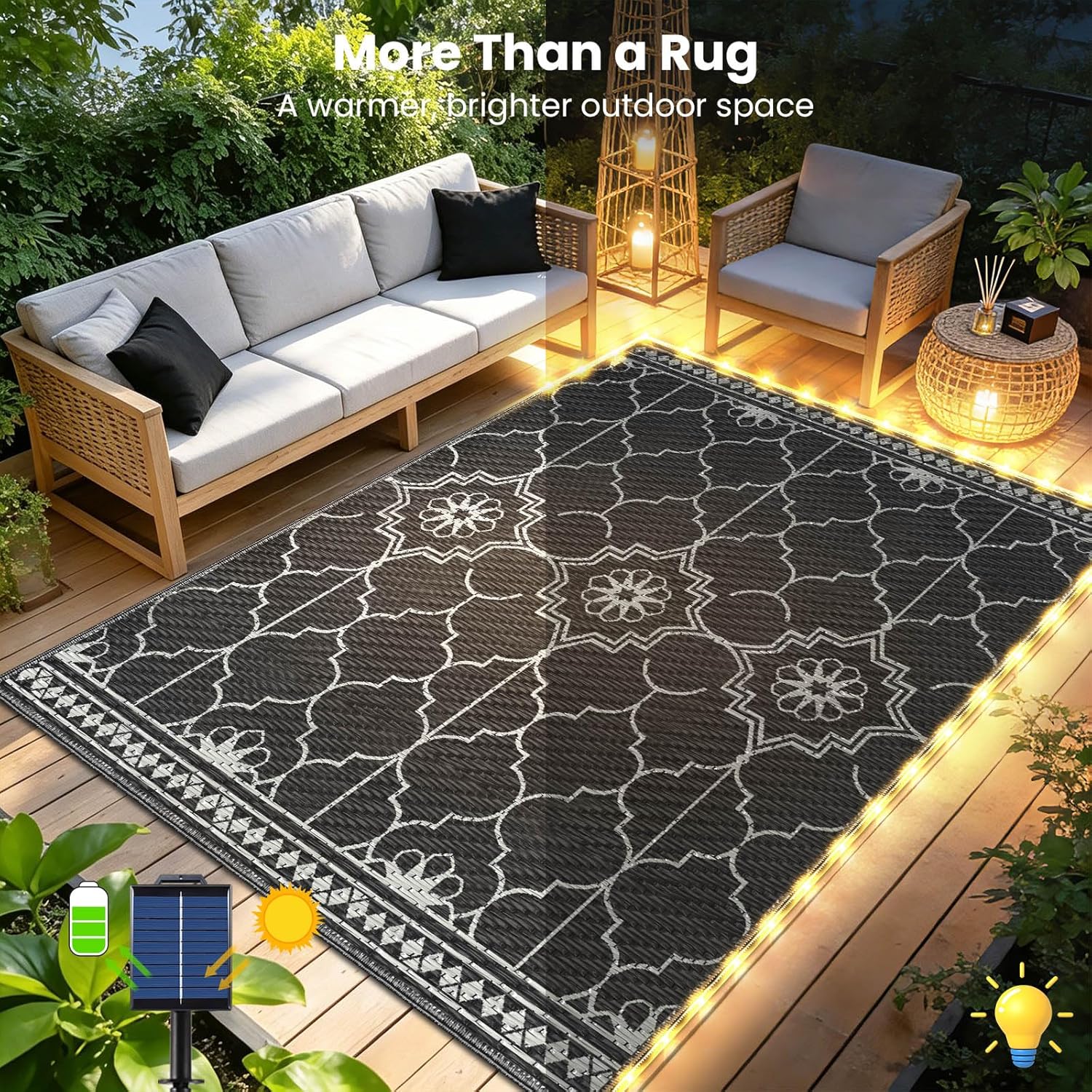 9x12Ft Outdoor Rug, Solar Powered Outdoor Rug with 131LEDs Strip Lights for House Deck, Waterproof Plastic Reversible Outdoor Straw Rugs, Rugs Mat RV Camping Patio Beach Balcony Picnic (Black Gray)