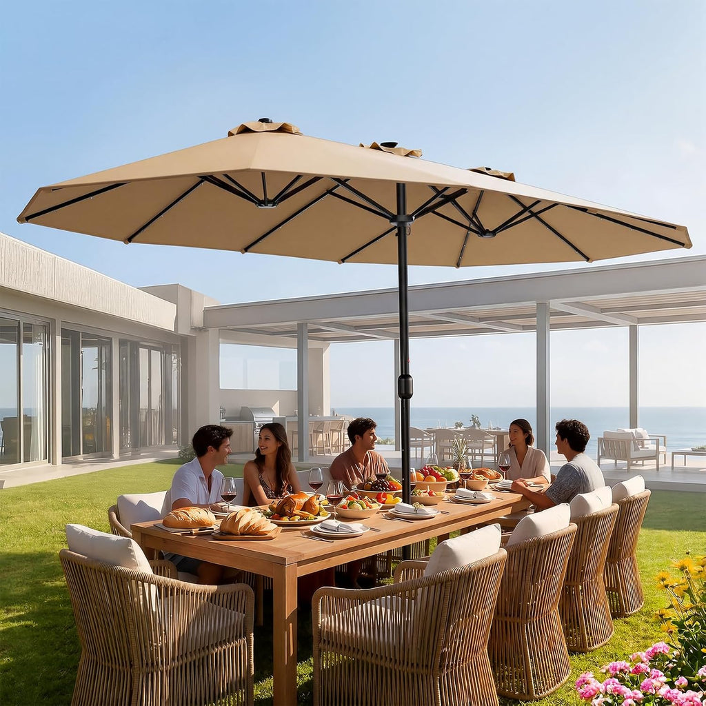 HOMSHADE Double Sided Patio Umbrellas - 13ft Solar Lights LED Lighted Outdoor Extra Large Market Table Umbrella with Base Included, Oversized Umbrella for Deck, Pool, Backyard