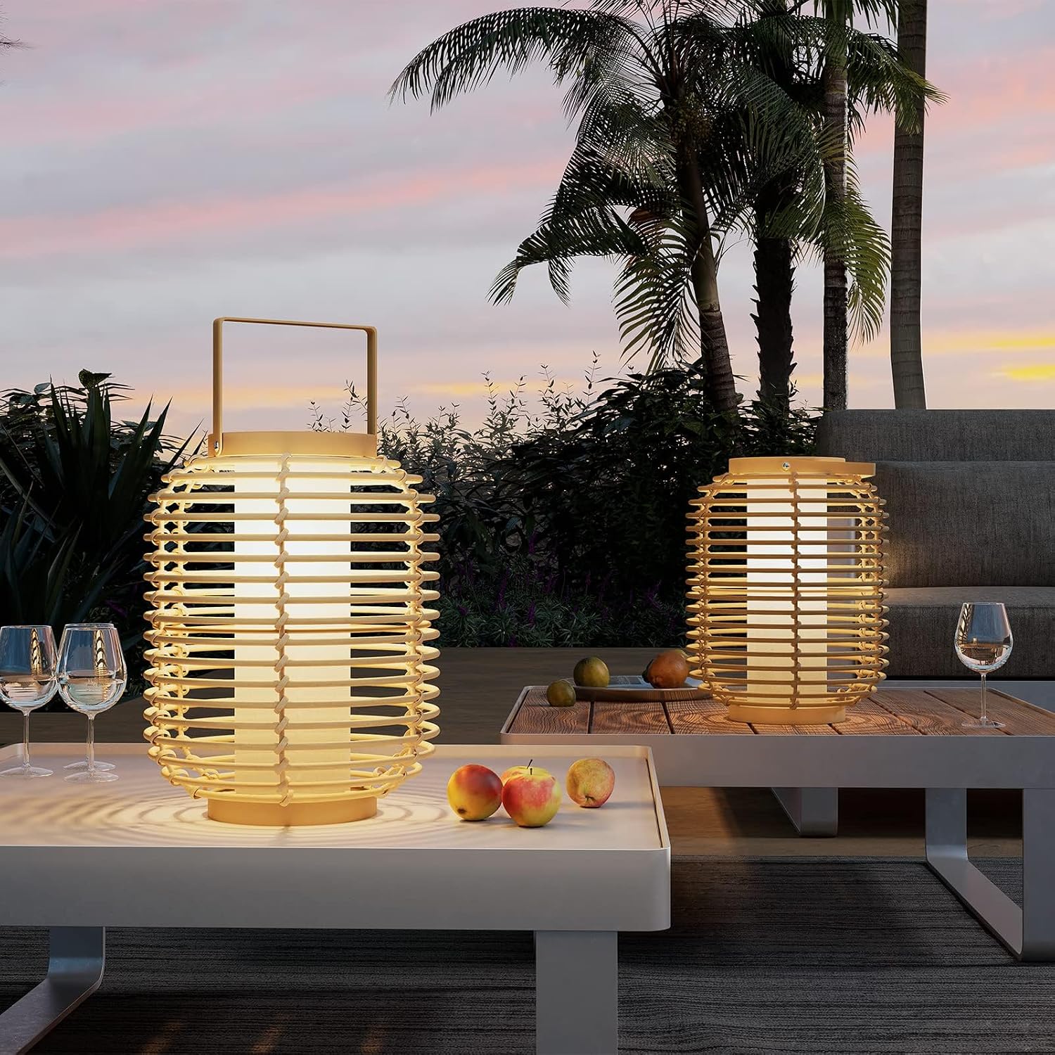 Solar Yard Outdoor Austin Solar Powered Floor Lamp Set of 4, 14-inch Wicker Woven LED Lamp, Water-Resistant Garden Light, Boho Style, Decor for Balcony, Porch, Yard, Pathway, Natural Color