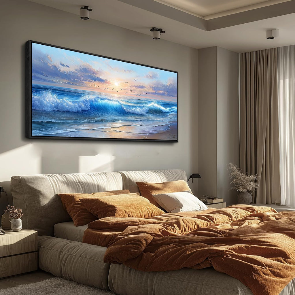 XIGUANGART Ocean Canvas Wall Art, Blue Sea Wave and Large Coastal Beach Paintings Sunset Seascape Pictures Framed Artwork Wall Decor for Living Room Bedroom Bathroom Kitchen Hallway Home Office