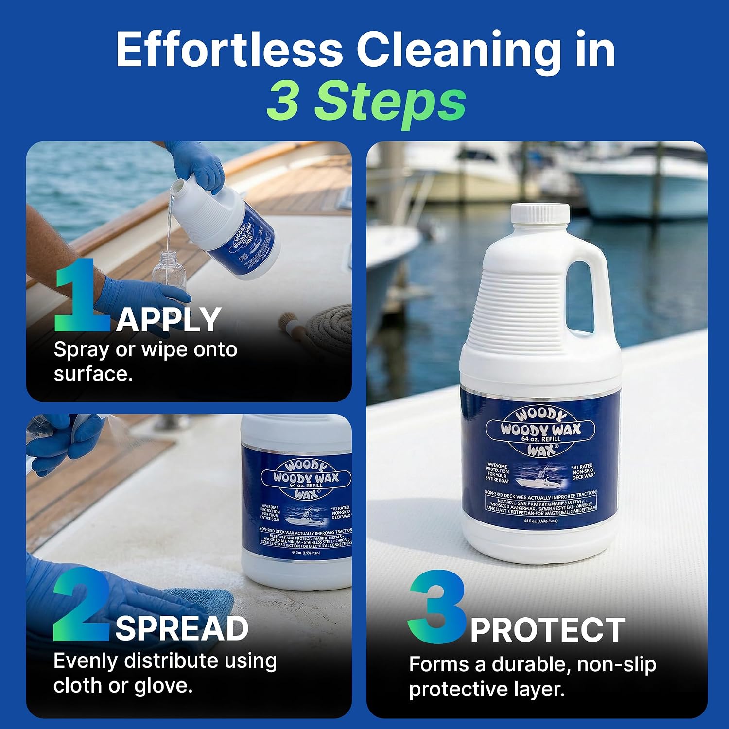 Woody Wax Boat Protection Refill Pack, Non-Skid Deck Wax & Professional Metal Restorer, All-In-One Marine Protection for Decks, Hulls & Towers; No-Buff Formula Against Corrosion & Saltwater, 64 oz