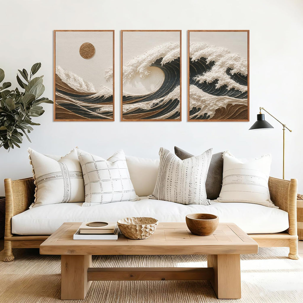 HLNIUC Great Wave Sunset Framed Canvas Wall Art,Abstract Sun Seascape Art Decor Set of 3(24'x36') Modern Ocean Beach Art Print,Large Sea Wave Pictures Framed Wall Painting for Living Room,Bedroom