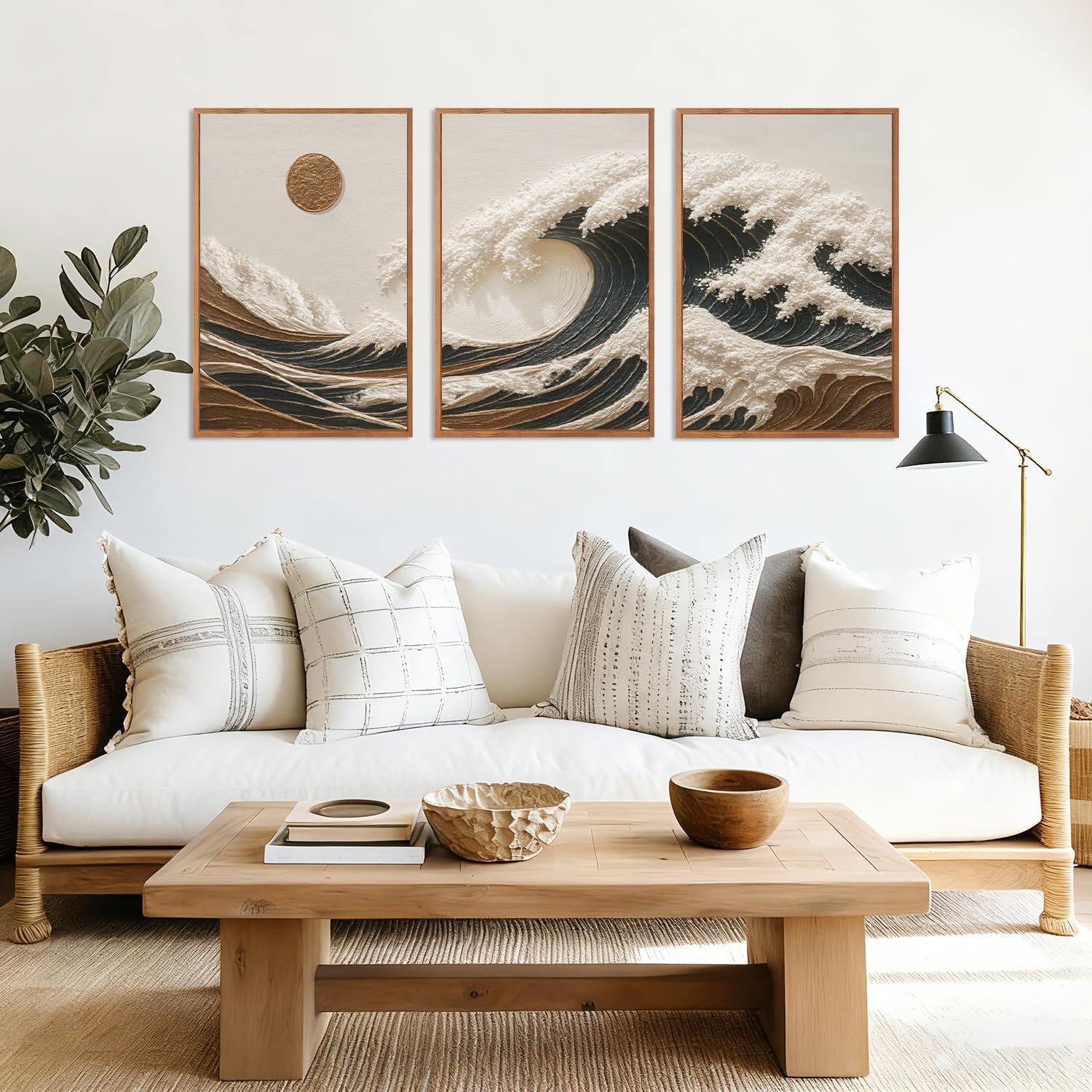 HLNIUC Great Wave Sunset Framed Canvas Wall Art,Abstract Sun Seascape Art Decor Set of 3(24'x36') Modern Ocean Beach Art Print,Large Sea Wave Pictures Framed Wall Painting for Living Room,Bedroom