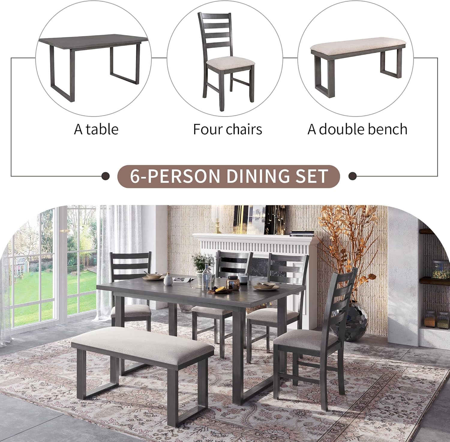 6 Piece Kitchen Dining Table Set with Rectangular Table and Comfortable Cushioned Seat, Farmhouse Rustic Wood Dining Room Set for 4-6 Persons, Dining Set for Family (Gray-1)